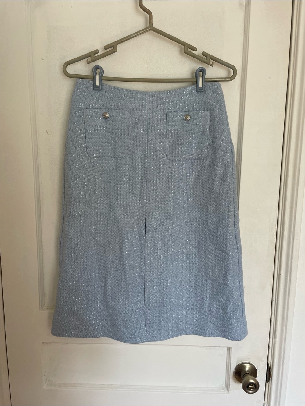 L'AGENCE Light Blue Tweed Midi Skirt with Front Patch Pockets